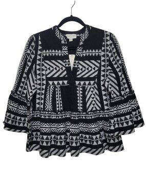 June & Ivy Boho Geometric Peplum Top Bell Sleeve Blouse Black White Medium